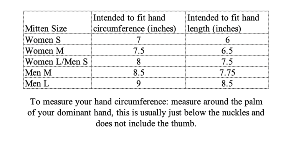 Homespun Knits Size Chart