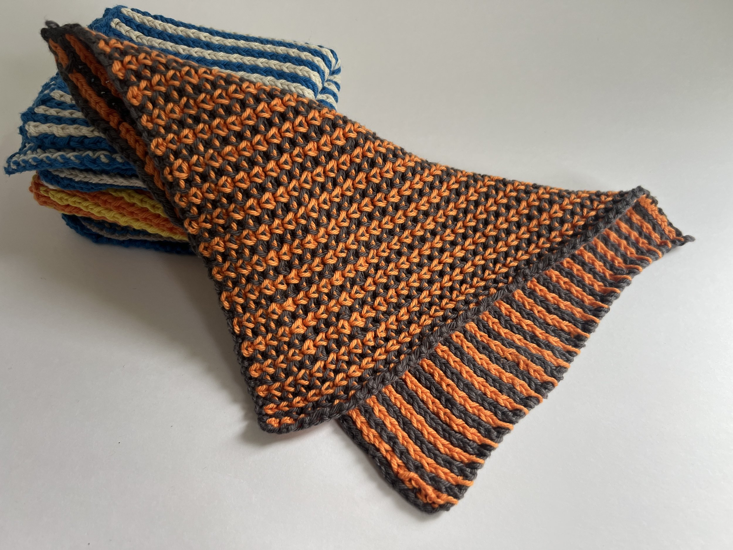 IMG_4549.JPG handmade cotton cloth dishcloth washcloth organic Homespun Knits orange and charcoal