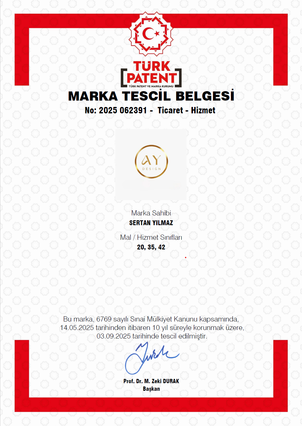 AY Design Türk Patent ve Marka Kurumu marka tescil belgesi