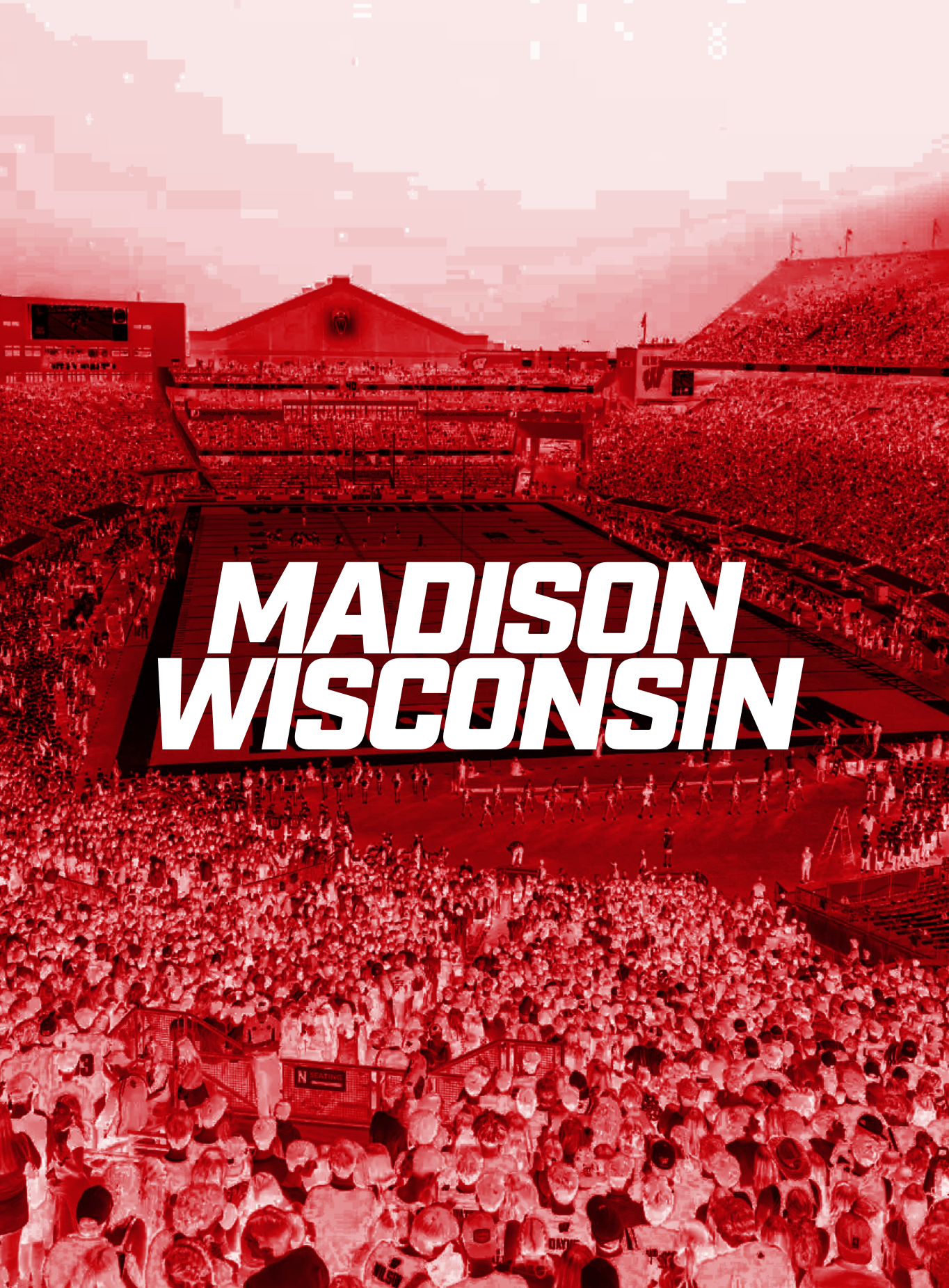 Crowd inside a stadium with the words 'Madison Wisconsin' overlaid, and a large crowd gathered for an event or game under a cloudy sky.