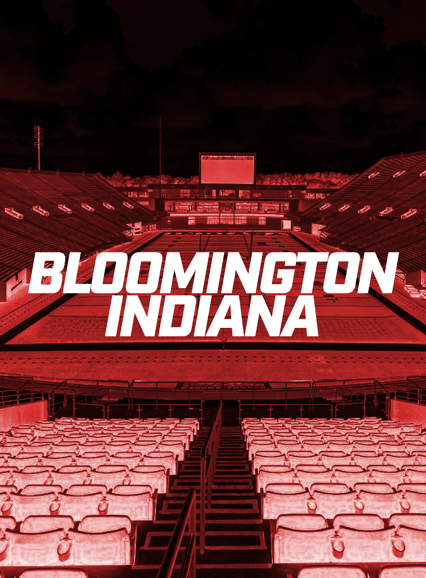 An empty sports stadium with red lighting and seats, and a large screen at the far end, with the text 'Bloomington Indiana' overlaid.