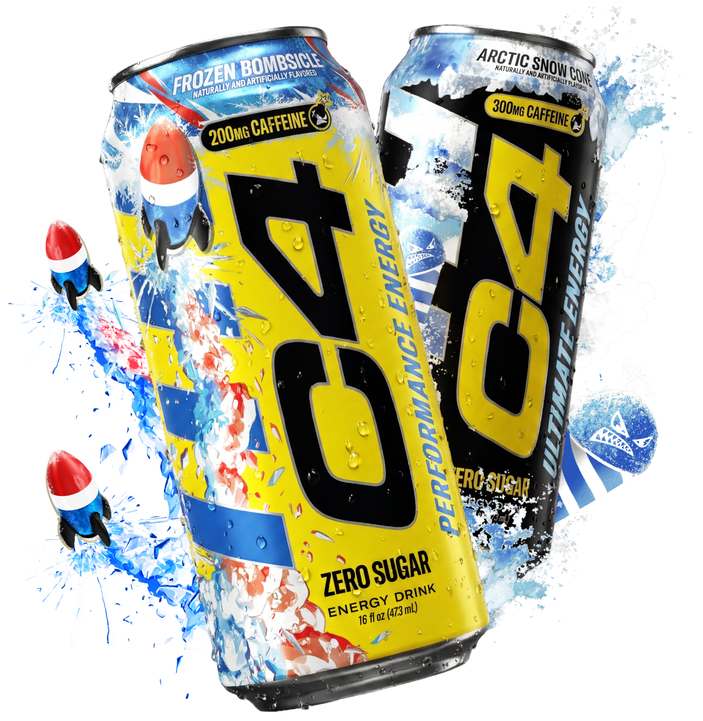 Two cans of Rockstar Zero Sugar energy drinks, one with a blue and yellow design labeled 'Frozen Bombsicle' and the other with a black, white, and blue design labeled 'Arctic Snow Cone,' with splashes of water and snowflakes.