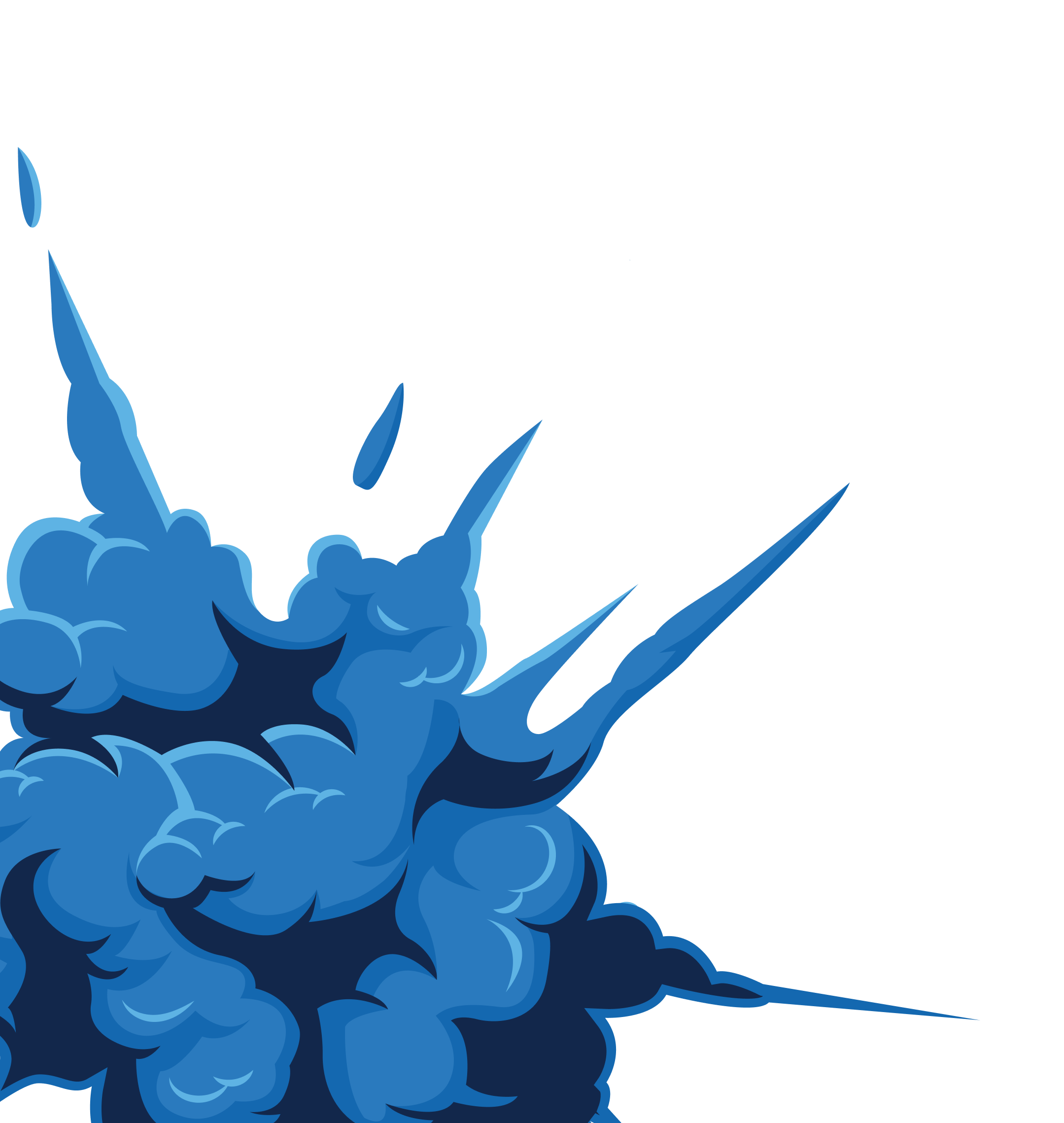 An illustration of a blue explosion with sharp, jagged edges and billowing smoke.