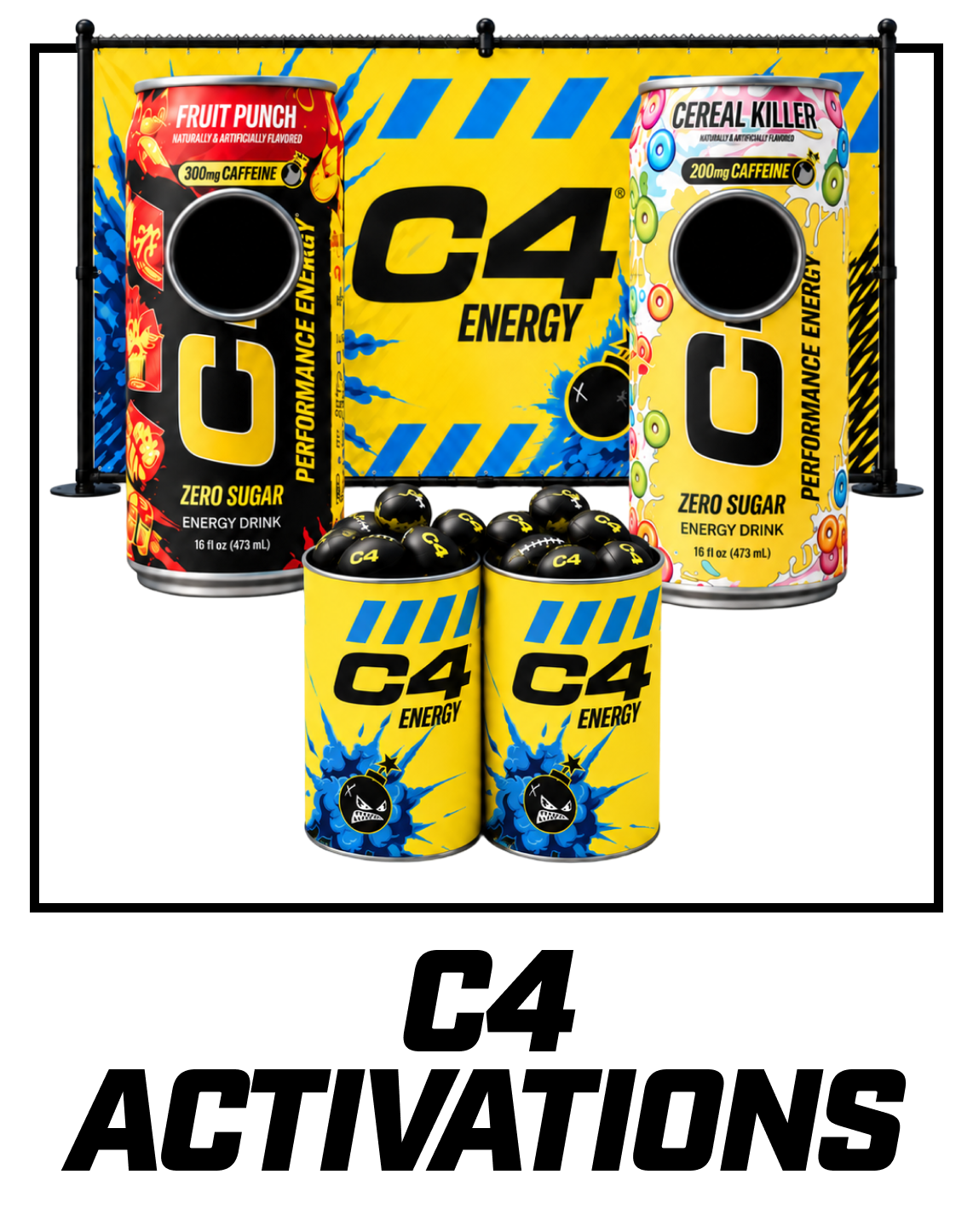 Two cans and two mini cans of C4 Energy drinks with black, yellow, blue, and white packaging, along with a cardboard backdrop featuring the C4 Energy logo and colorful design elements.