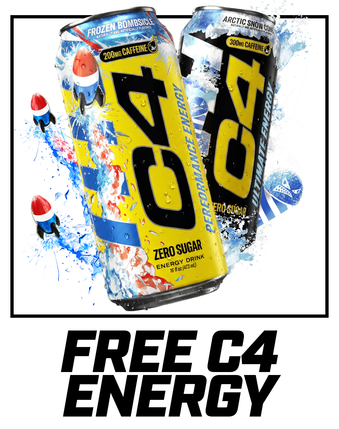 Two cans of GO energy drinks, one yellow and one black, with a rocket and splash effects around them, labeled as zero sugar and high caffeine content, with a blue and white snow cone background.