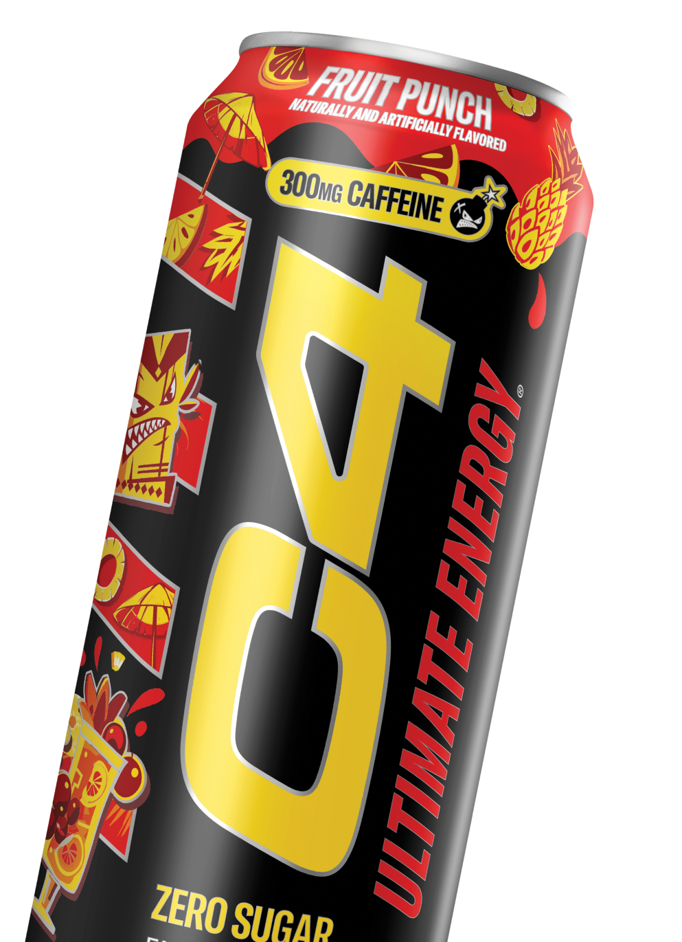 A can of 5-hour ENERGY Ultimate Energy Drink with black, yellow, and red design, featuring a yellow large logo, illustrations of fruit and umbrellas, and text indicating it has 300mg caffeine, zero sugar, and is naturally and artificially flavored.