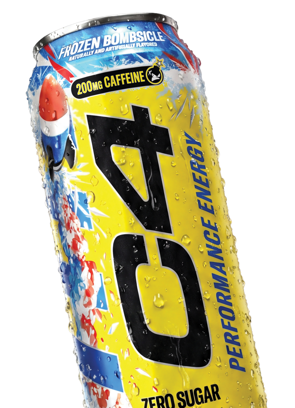 A can of 5-hour Energy drink with lemon flavor, featuring a yellow and blue design, a large black 5-hour Energy logo, and text indicating it contains 200mg of caffeine, zero sugar, and is frozen bombicle flavor with water droplets on the can.
