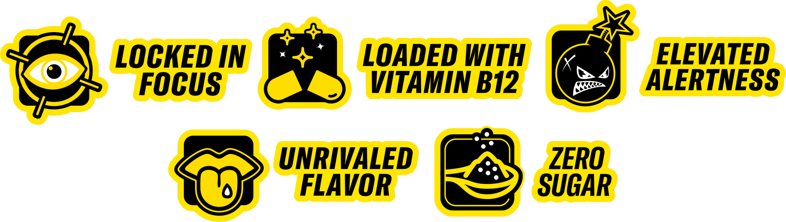 Collection of yellow icons and text highlighting features such as focus, vitamin B12, alertness, flavor, zero sugar, and other traits.