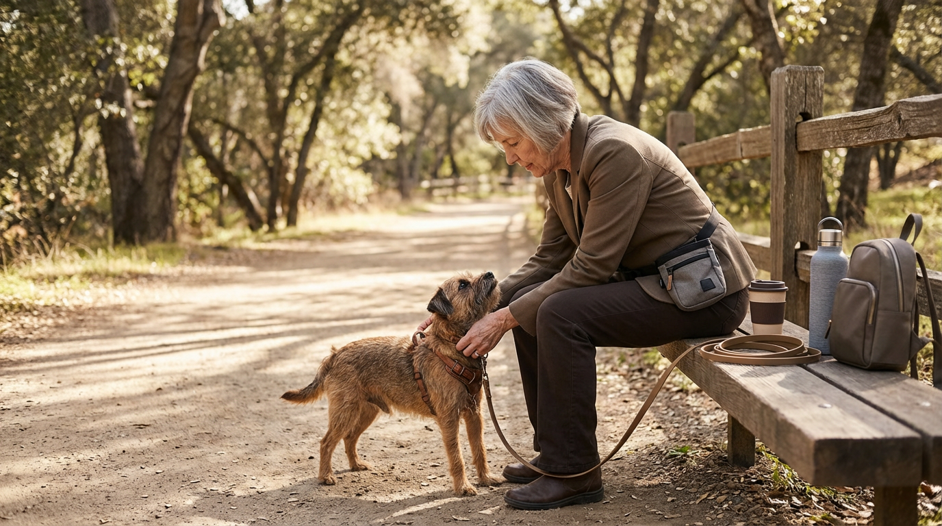 An elderly woman with gray hair sitting on a wooden park bench in a wooded area, petting a small, brown mixed-breed dog. The woman is wearing a brown jacket, black pants, and black shoes, with a crossbody bag around her waist. There are a water bottle, a takeaway coffee cup, and a backpack on the bench beside her. The scene is illuminated by soft sunlight filtering through the trees.