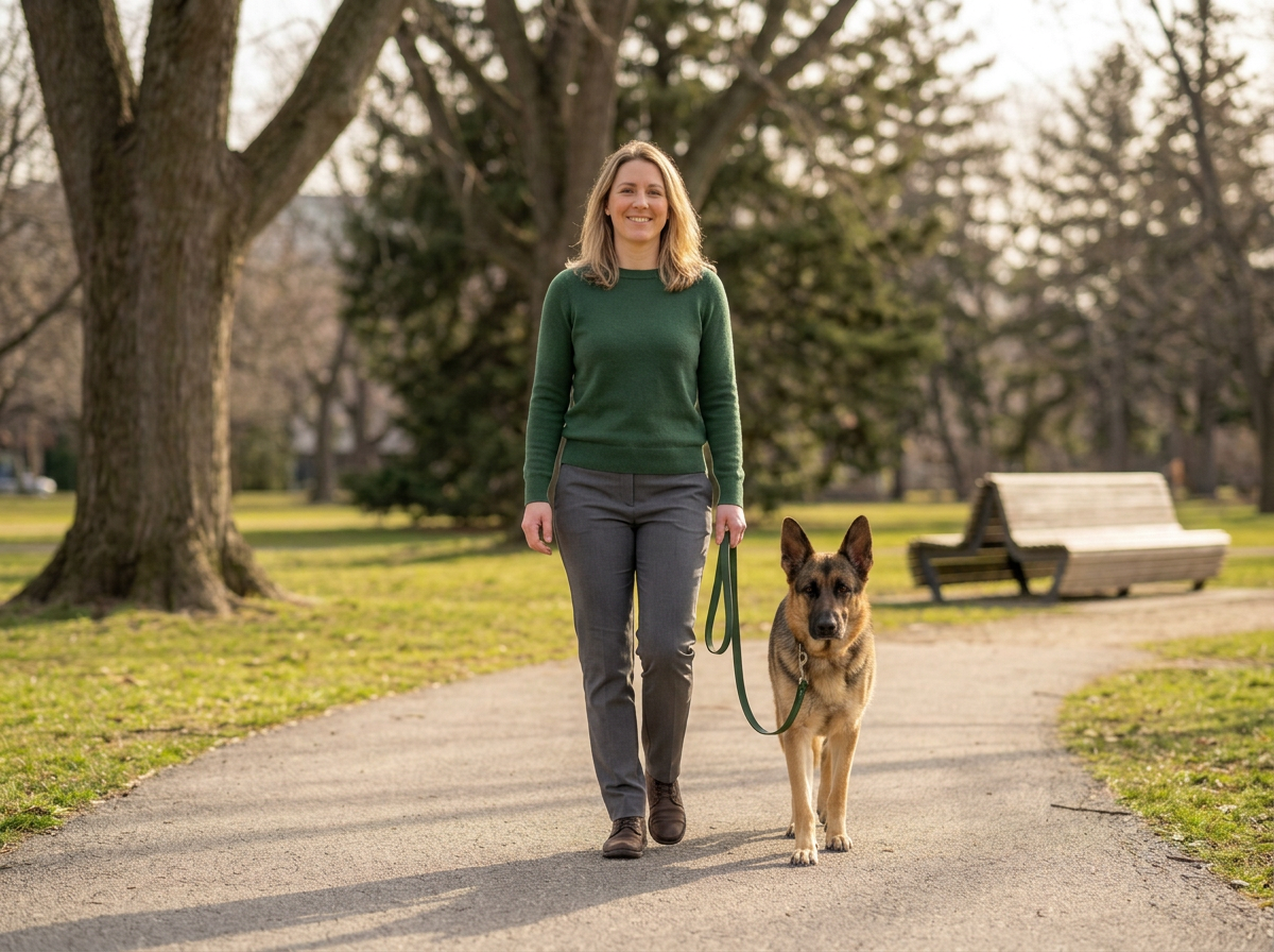 A woman walking a German Shepherd dog on a leash in a park during daytime.
