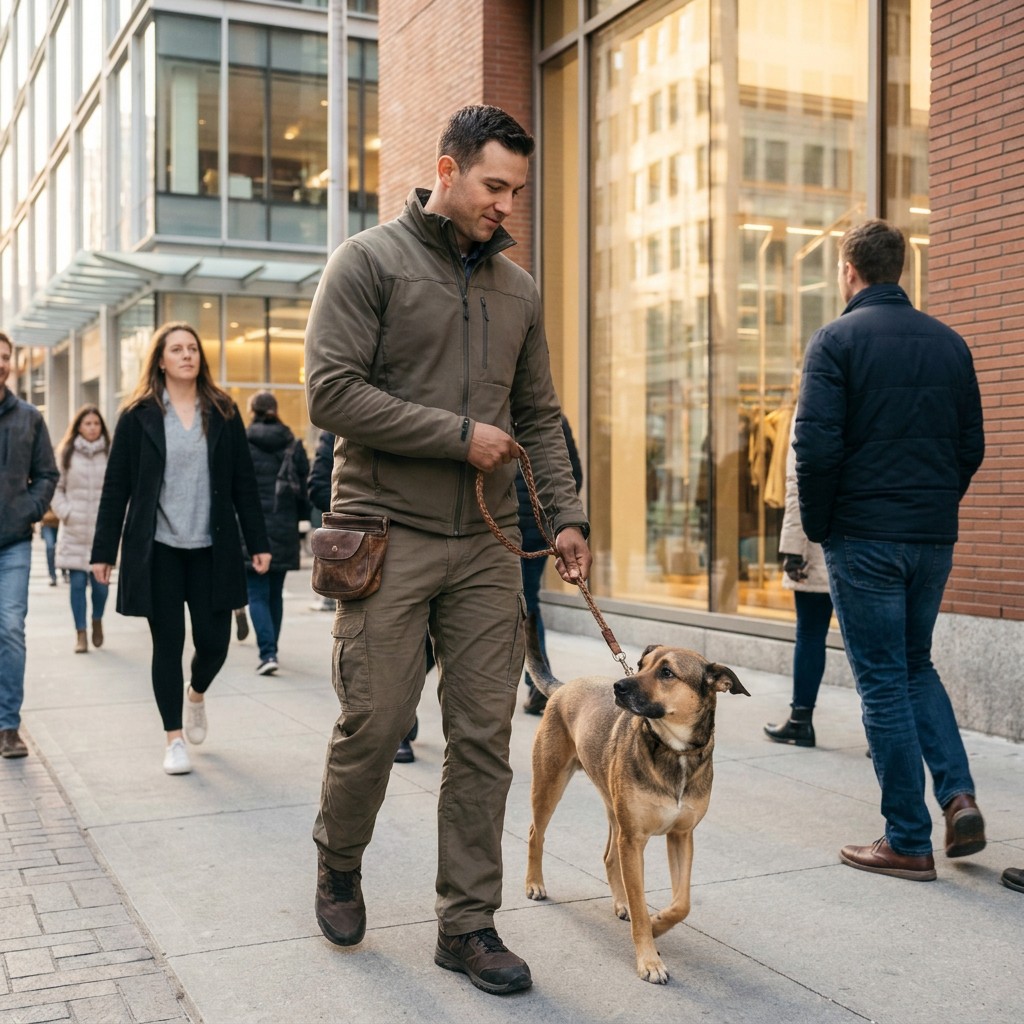 A man walking a dog on a busy city sidewalk.