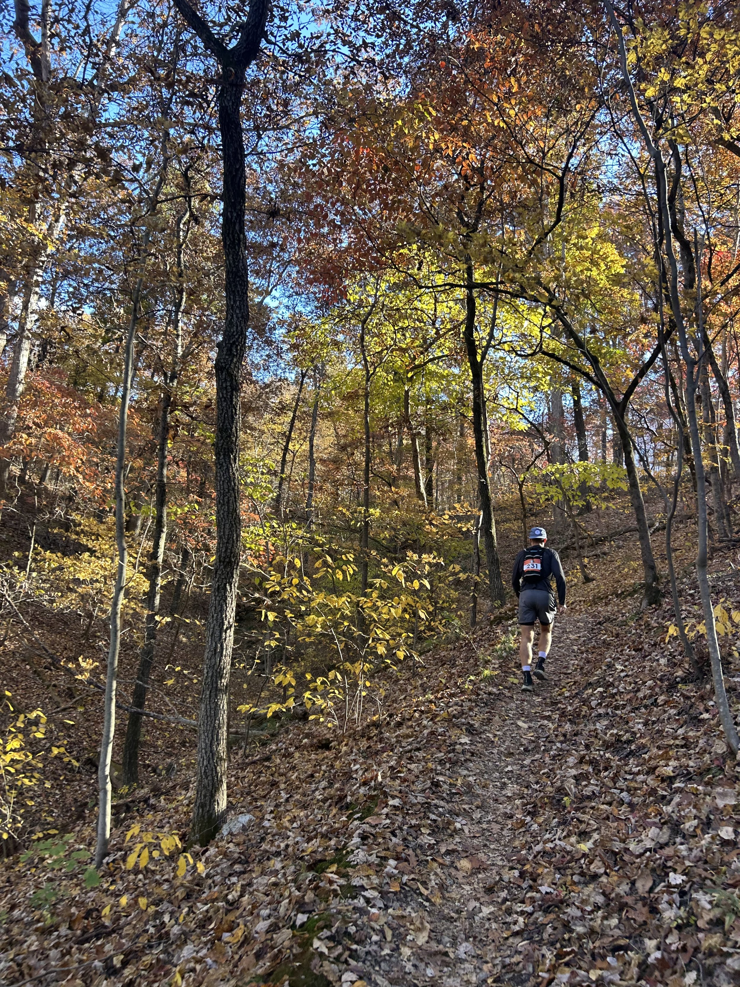 A person wearing a backpack, hat, and running gear is trail running on a narrow dirt trail through a forest with autumn foliage. The forest has tall trees with colorful leaves and the ground is covered with fallen leaves, indicating fall season.
