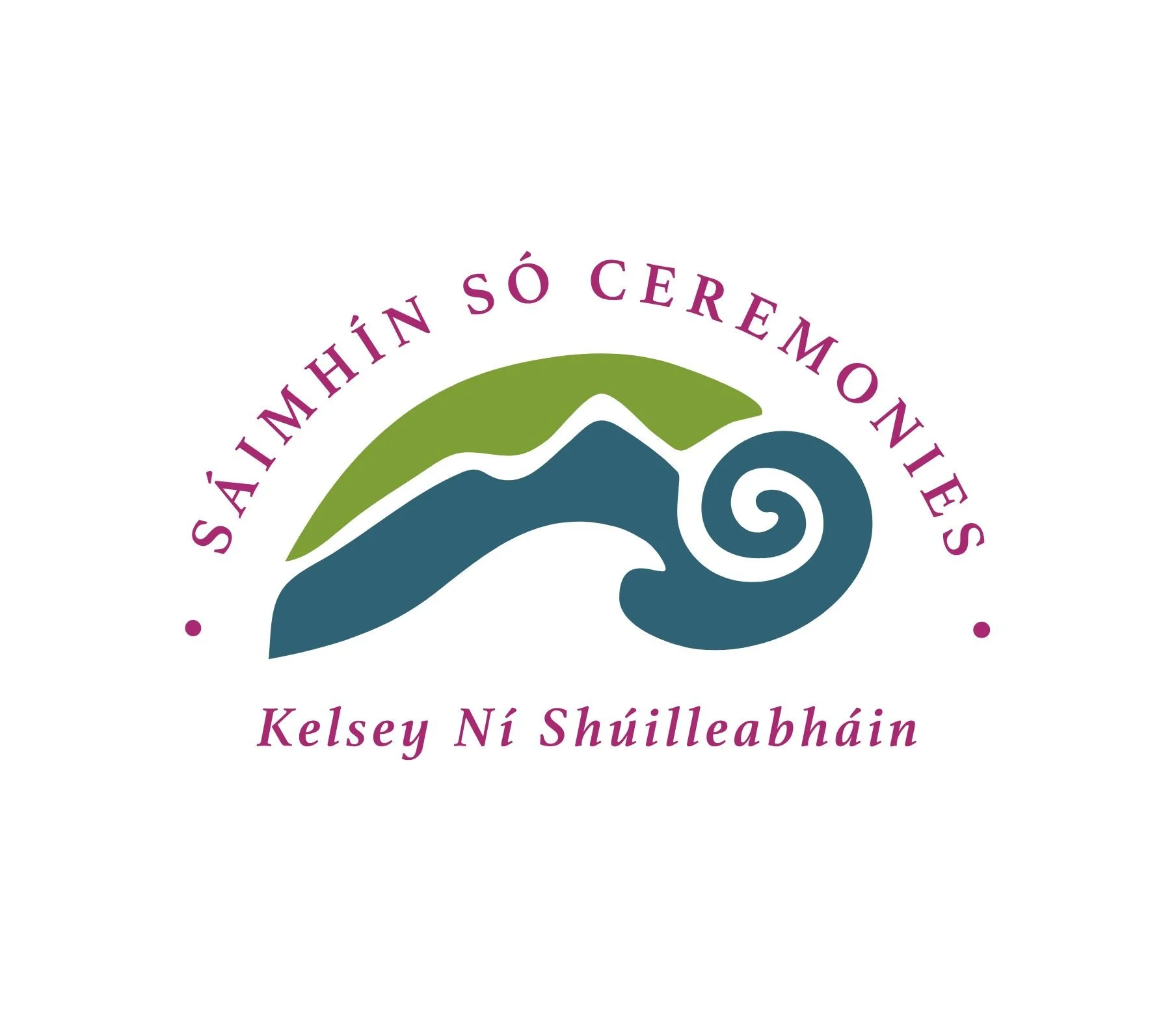 Partial view of a logo with stylized wave or swirl design in shades of blue and green, encircled by text in purple reading 'Saothar Ain S ó Ceremonies' and 'Kelsey Ní Shúilleabháin'.