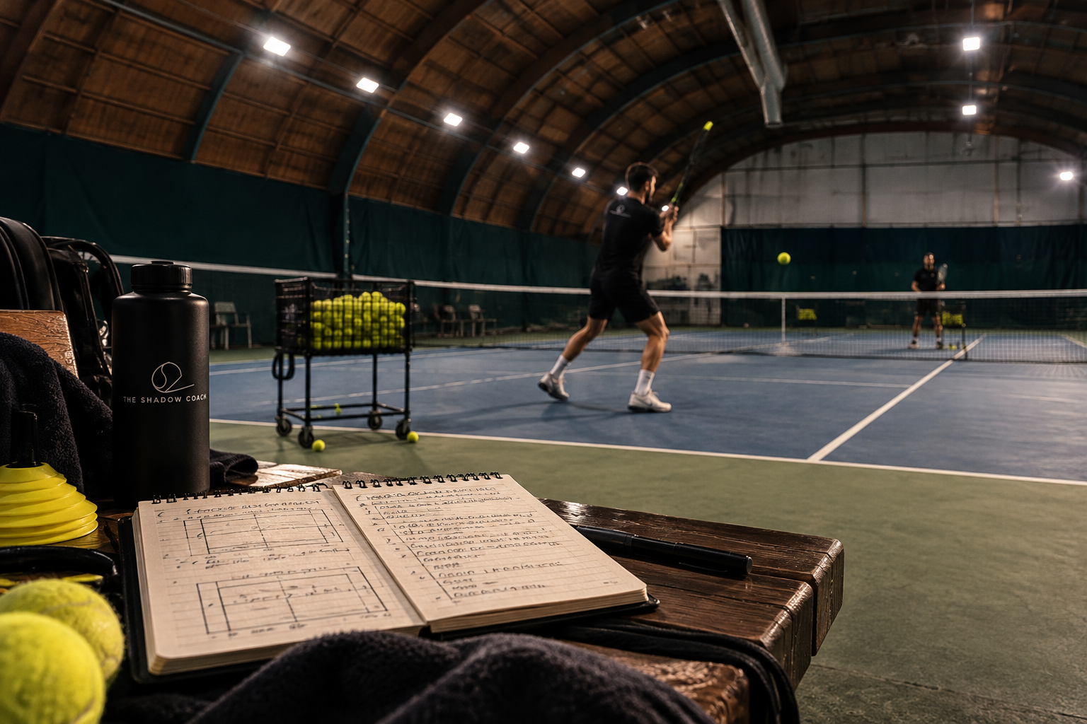Scene di un'allenamento di tennis in un impianto coperto. In primo piano, su un tavolo di legno, ci sono palline da tennis, una borraccia nera con il logo 'The Shadow Coach', un quaderno aperto con diagrammi di campi e appunti, e una penna. Sullo sfondo, due giocatori praticano una partita di tennis, uno che si prepara a colpire una palla con una racchetta, mentre l'altro si trova dietro la linea di fondo campo. L'ambiente è allestito con luci artificiali e pareti con tende verdi.