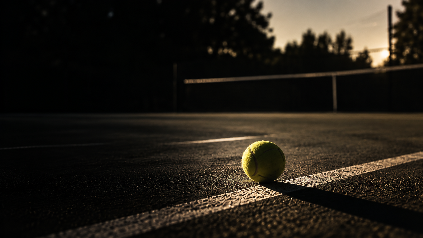 Una palla da tennis gialla posizionata su un campo da tennis all'aperto sotto una luce calda del tramonto o dell'alba.