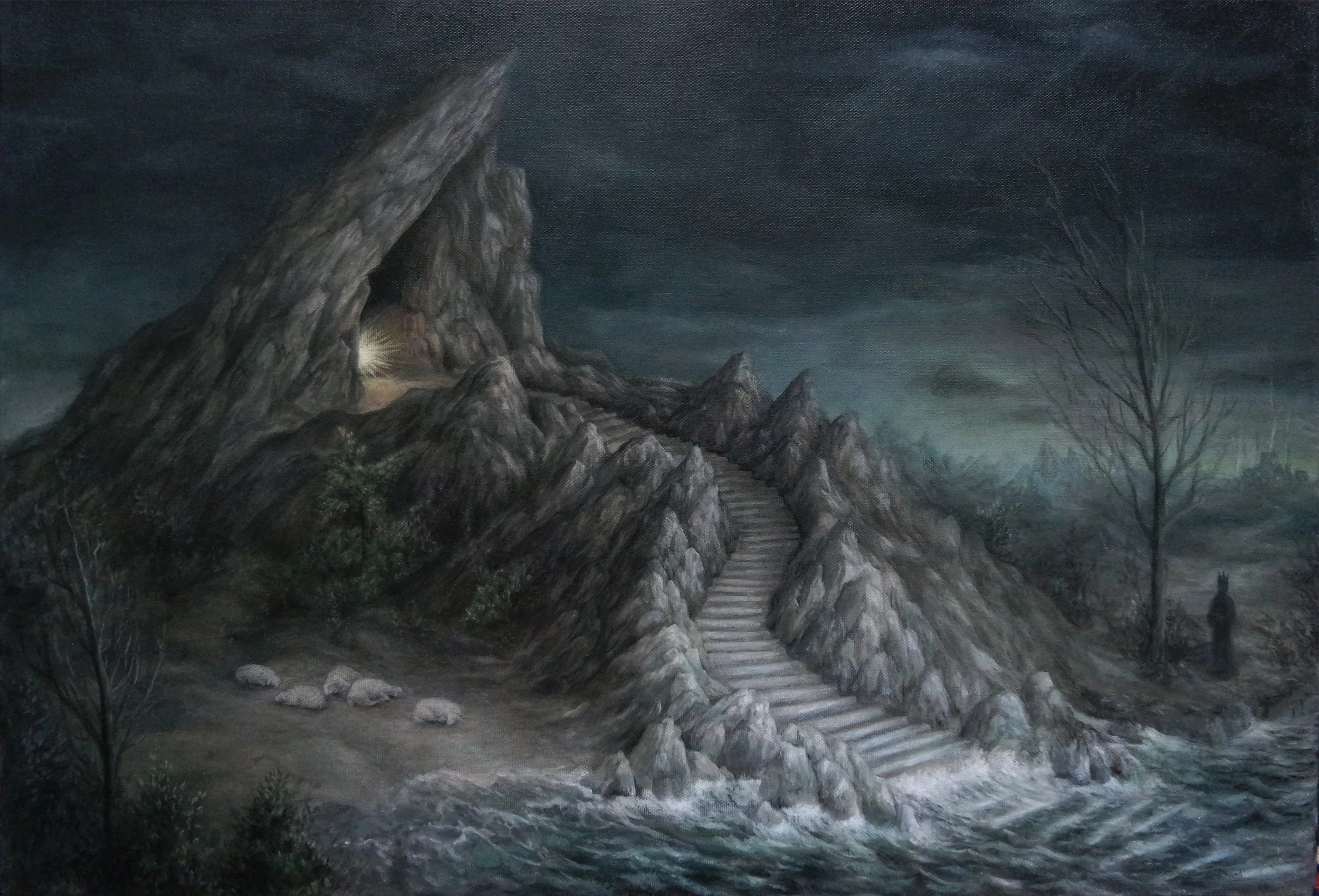 A dark painting depicting a glowing cave inside a rocky mountain, with a trail of stairs above the sea, sleeping sheep on the left side and a mysterious figure under a leafless tree on the right side.