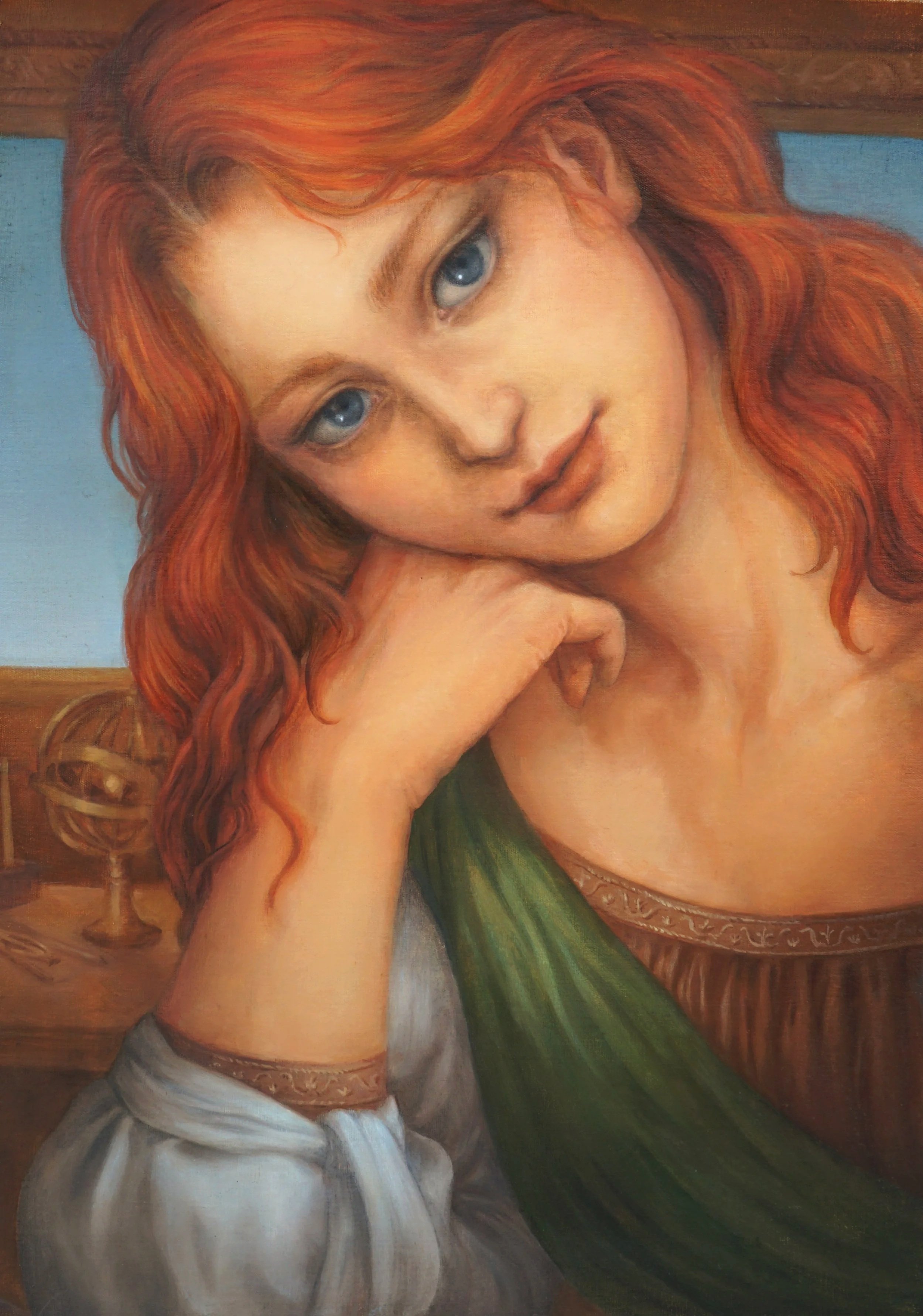 A Renaissance inspired painting of a young woman with red wavy hair and blue eyes, resting her chin on her hand with a serene expression. She is dressed in a green and white garment, with an armillary sphere in the background.