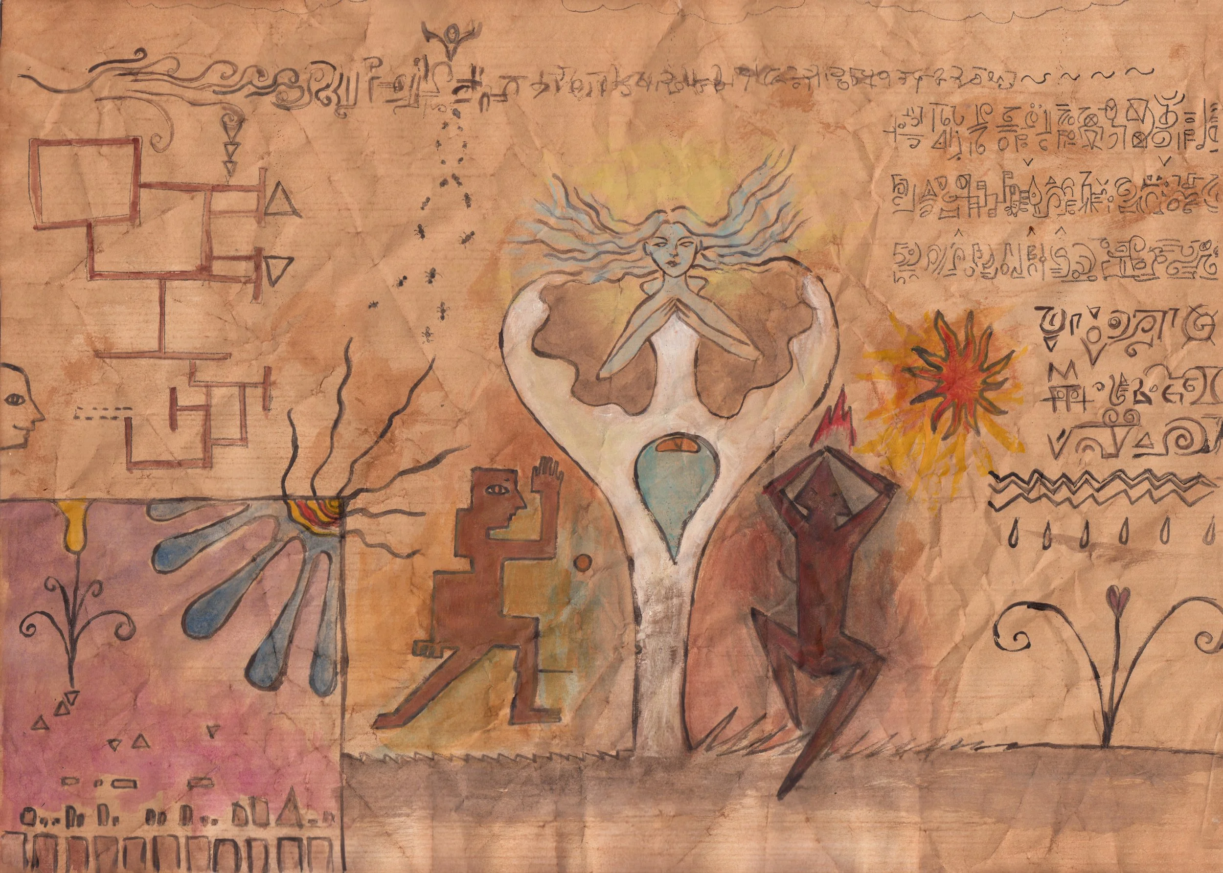 Colorful illustration featuring a central figure of a woman with long flowing hair, surrounded by abstract symbols, sketches, and handwritten text on aged, textured paper.