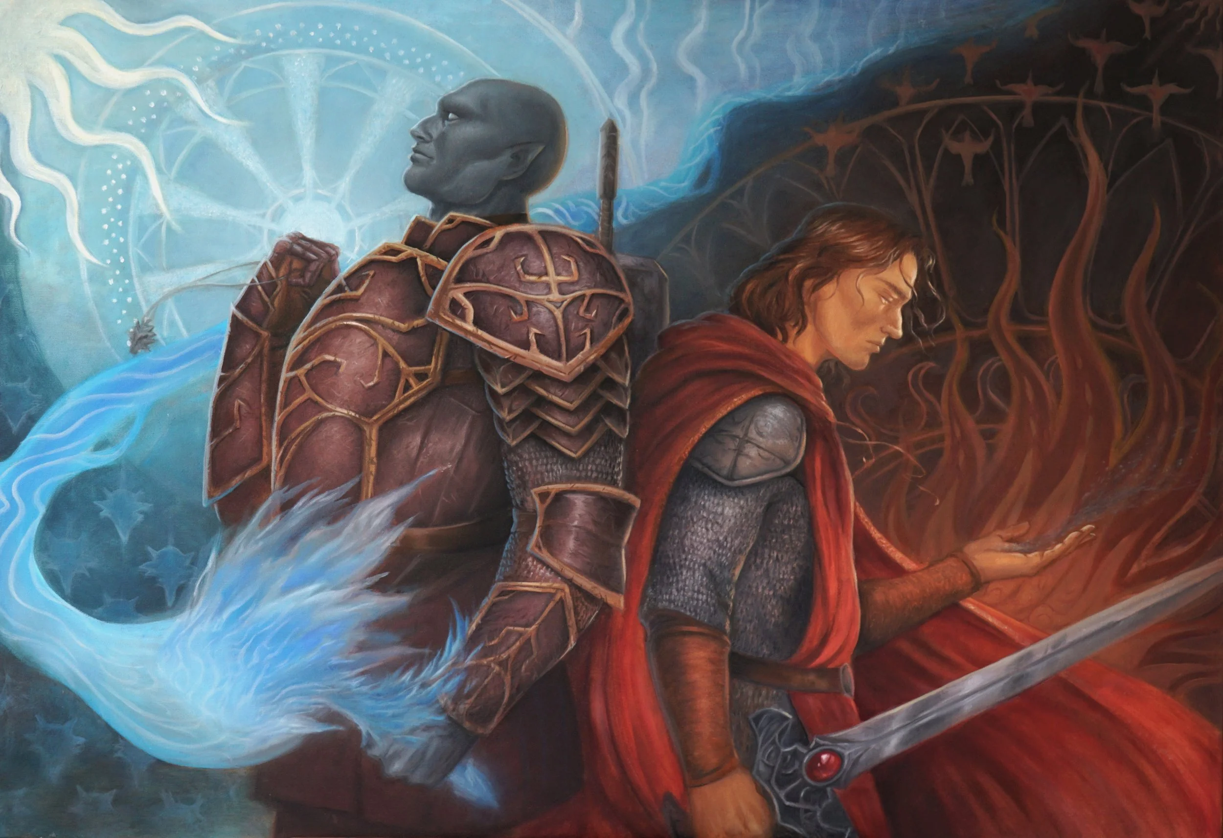 A fantasy painting of a Goliath paladin in armor standing beside a human mage with a red cloak, surrounded by swirling blue elemental energy.
