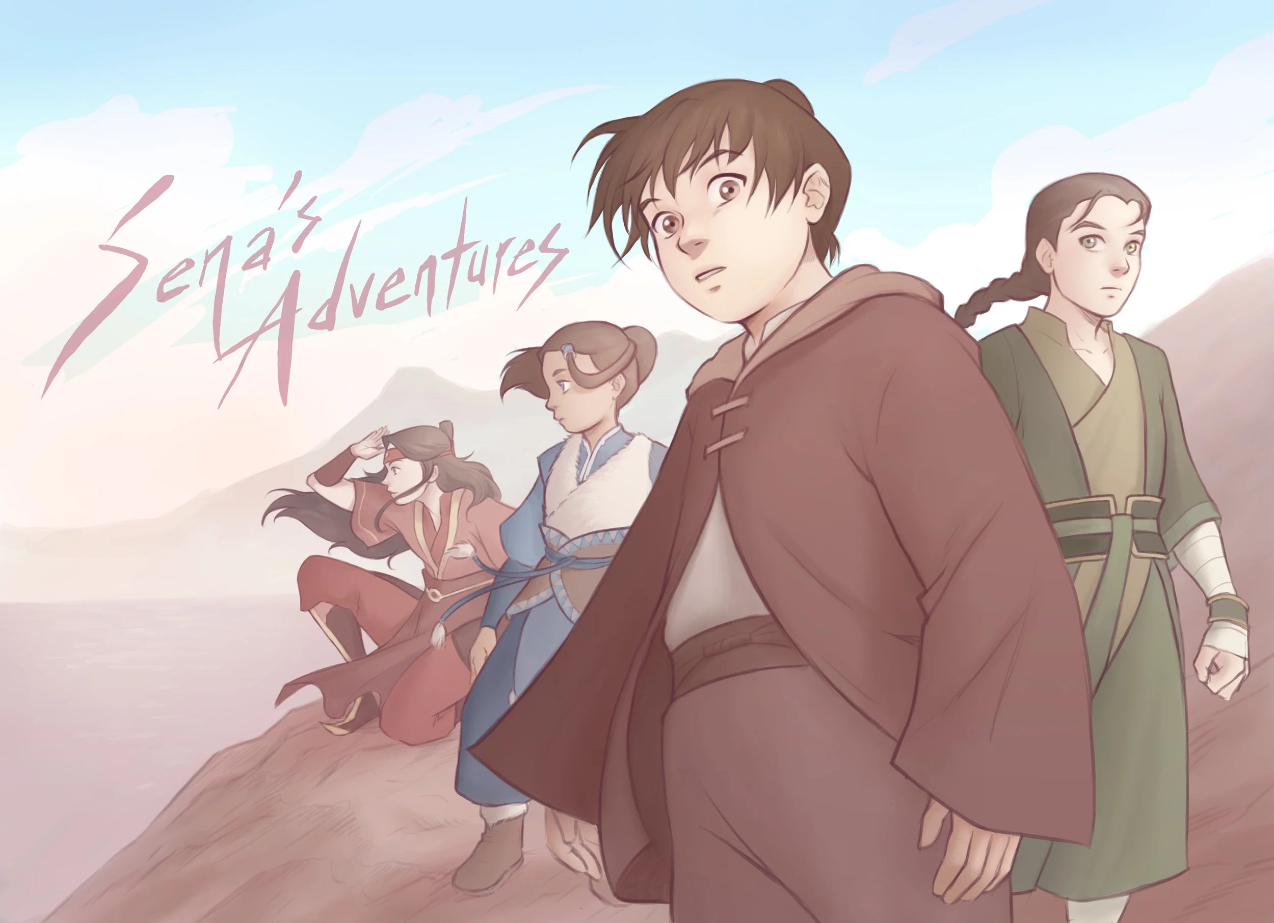 Illustration of five characters, each in traditional clothing, standing outdoors under a sky with clouds, with the words 'Sena's Adventures' written in pink script.
