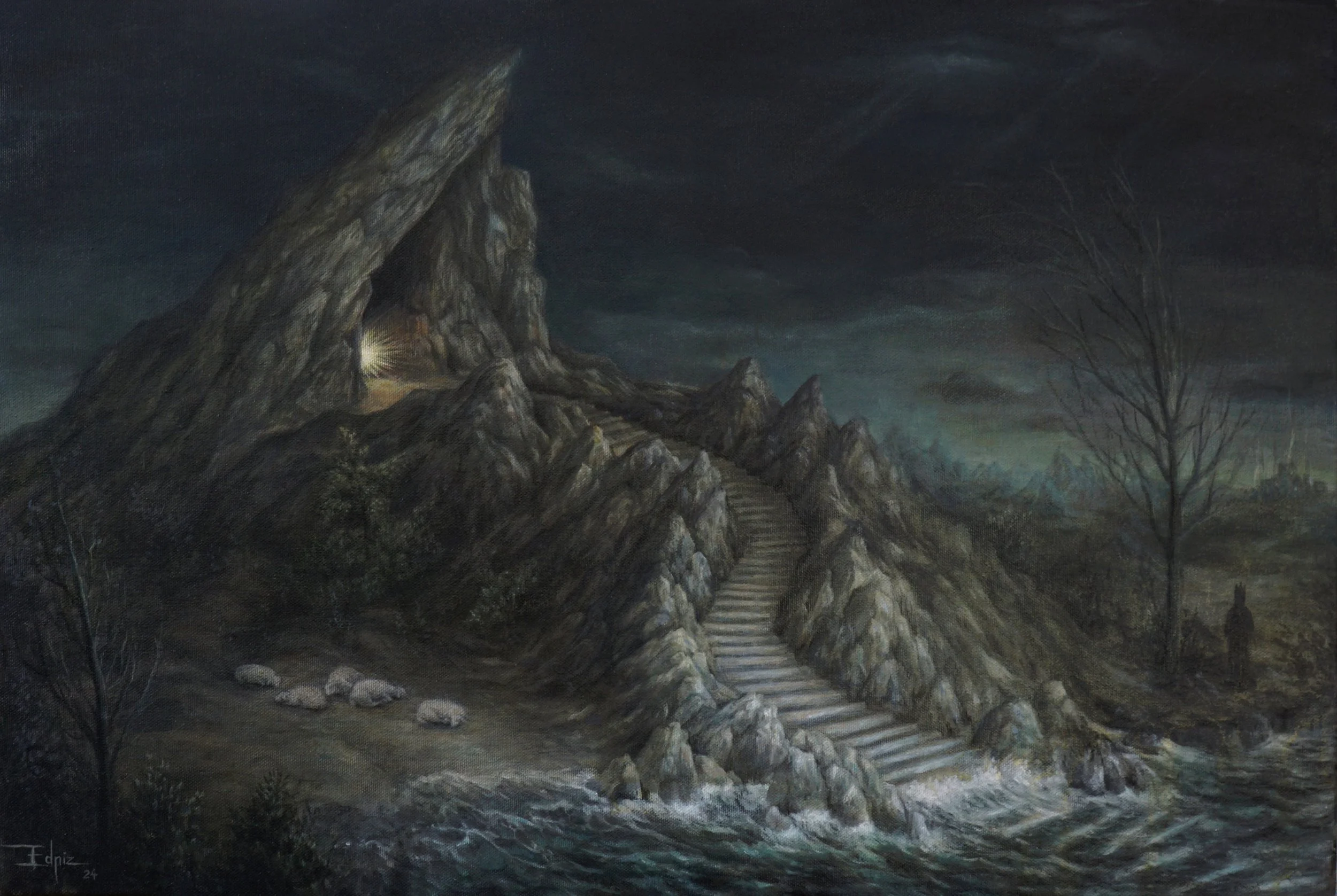 A dark landscape painting depicting a rugged mountainside with a staircase carved into the rocks leading up the mountain. On the right, there is a leafless tree, and in the background, the sky appears cloudy or starry, creating a mysterious, nighttim