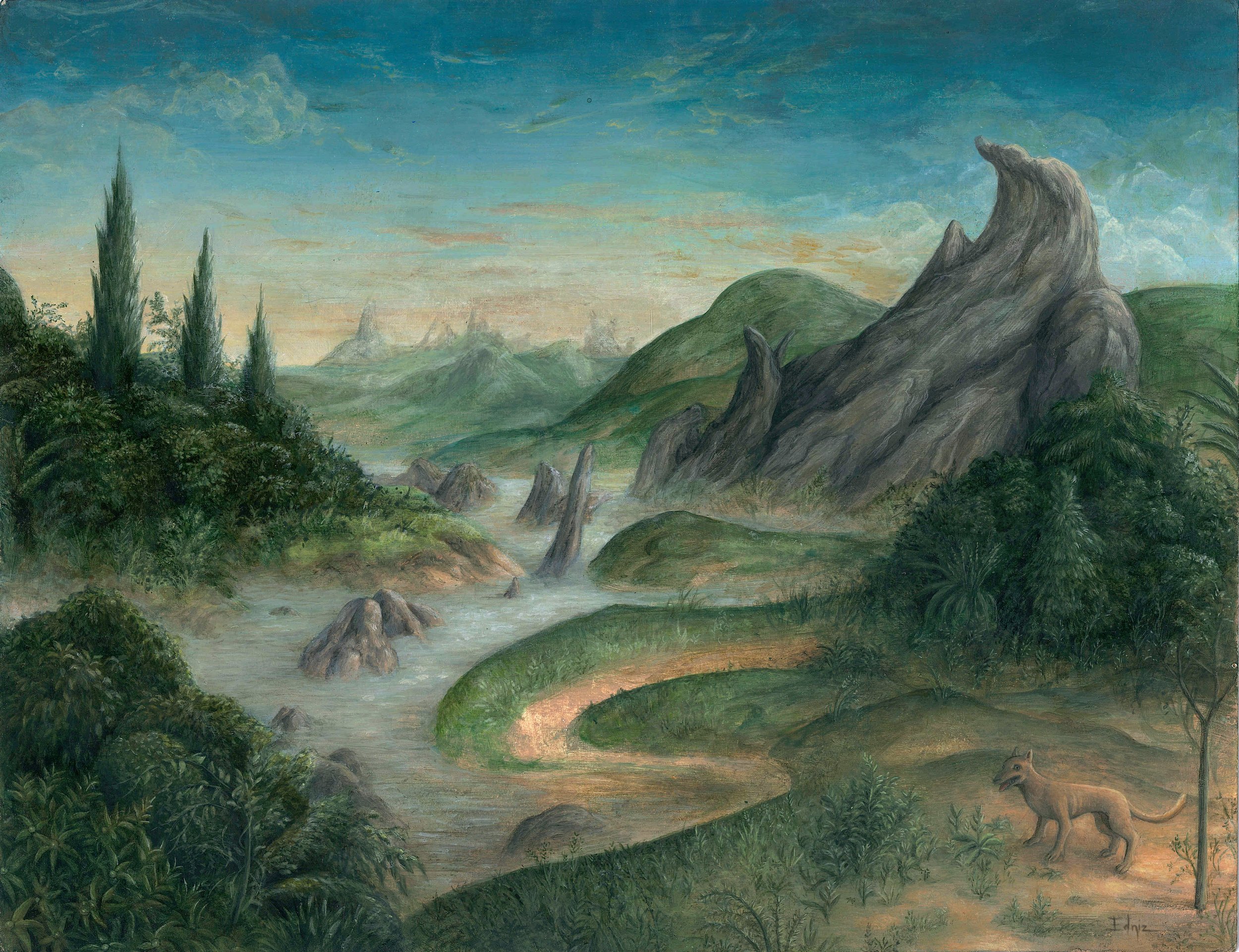 A landscape painting of lush green hills, mountains, and a river, with a clear sky showing clouds and a soft sunset, featuring a dog in the bottom right corner.