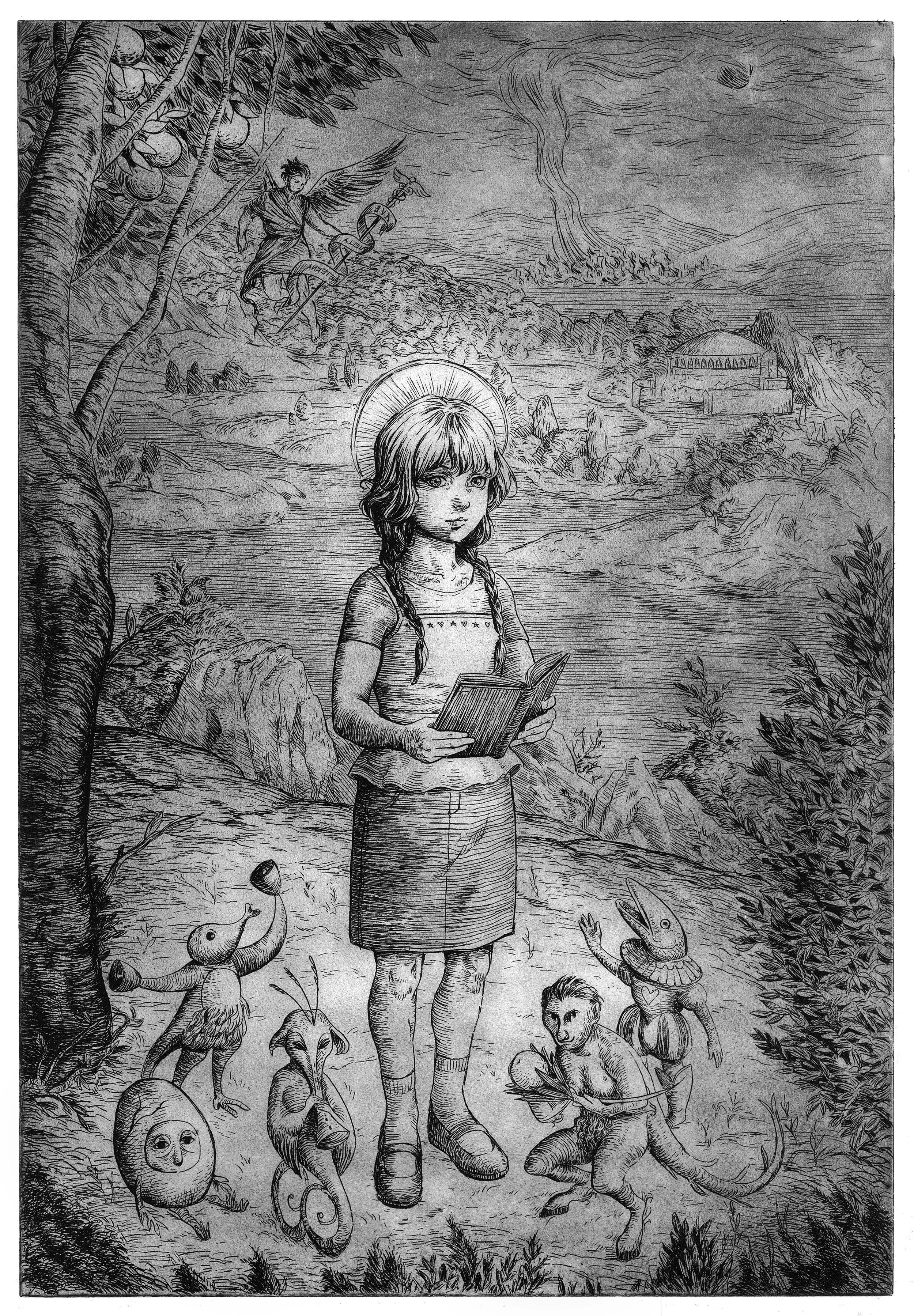 Etching of a young girl with a halo holding a book in a pastoral landscape, surrounded by small fantastical creatures, with a winged figure and a burning city in the background.