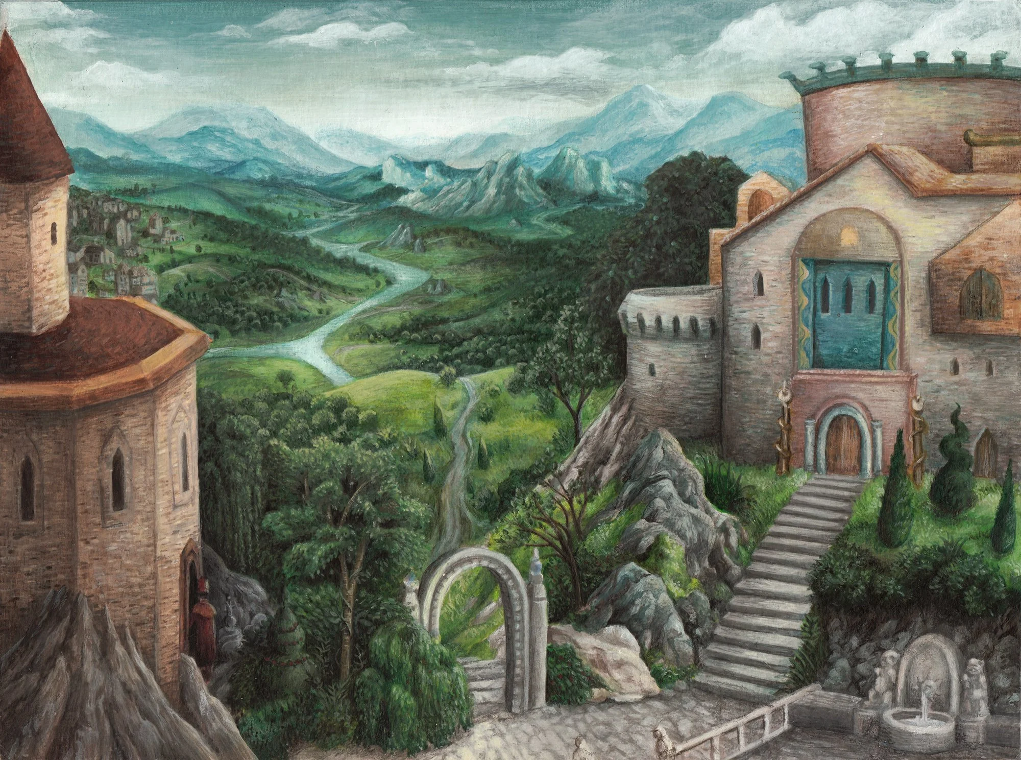 A landscape painting of a mountainous region with castles and ruins, featuring stairs, archways, and lush greenery.
