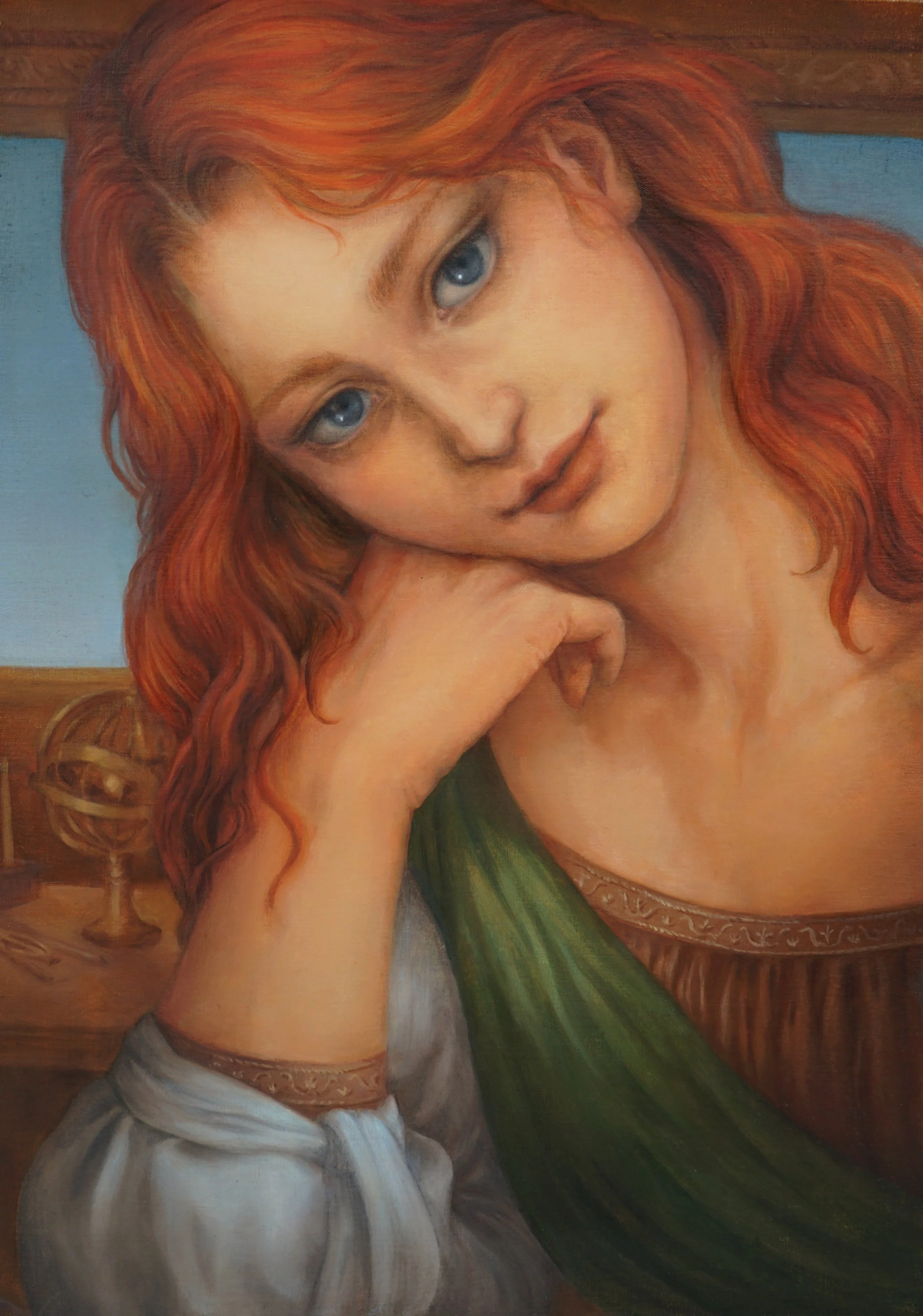 Close-up of a painting of a woman with red curly hair, blue eyes, resting her chin on her hand, wearing a green garment and a white cloth around her waist.