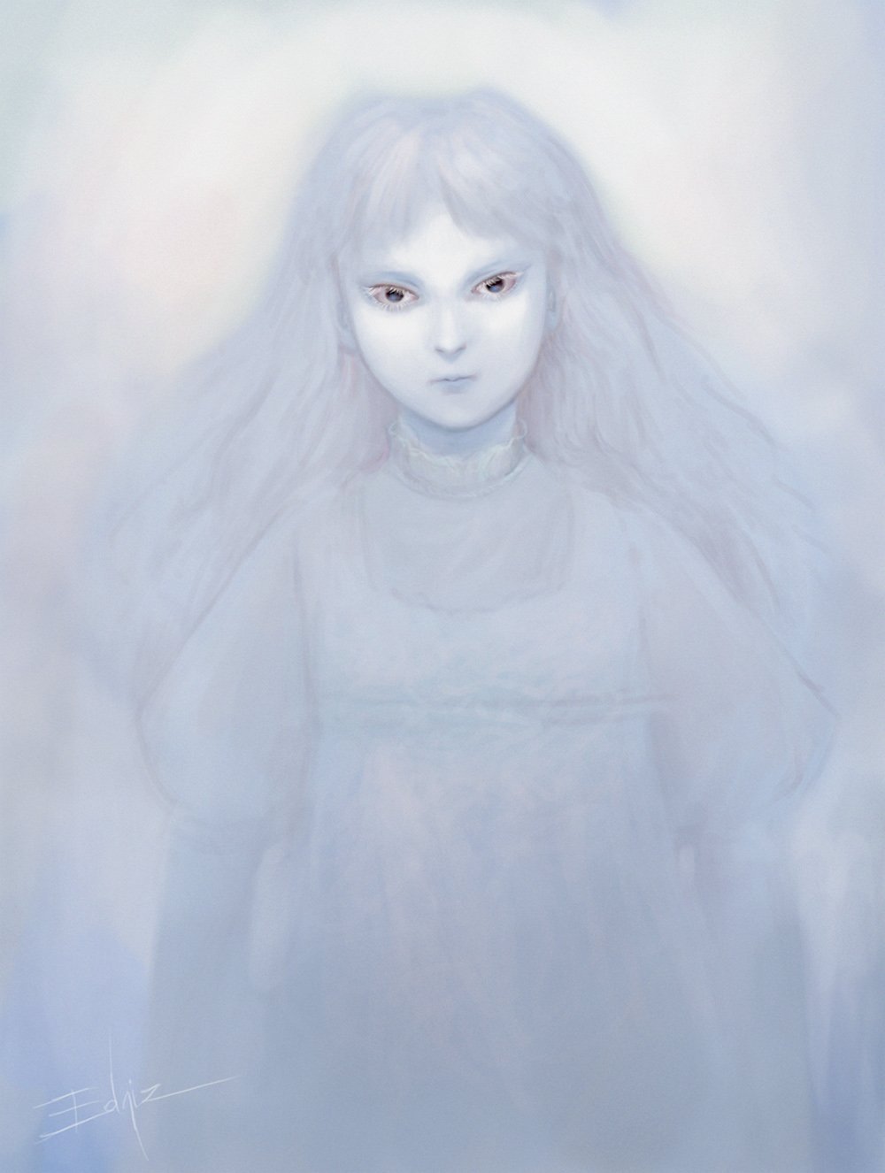 A surreal portrait of a frozen girl with pale skin, piercing eyes, and long, flowing light hair.