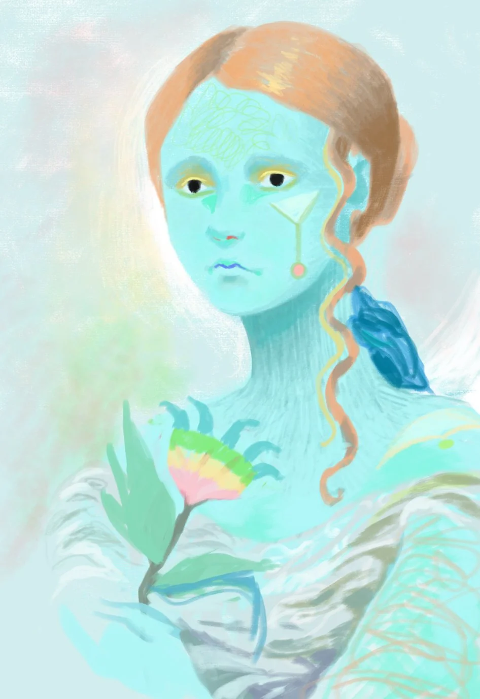 A digital painting of a woman with blue skin, reddish-brown hair, and artistic markings on her face, holding a colorful flower.