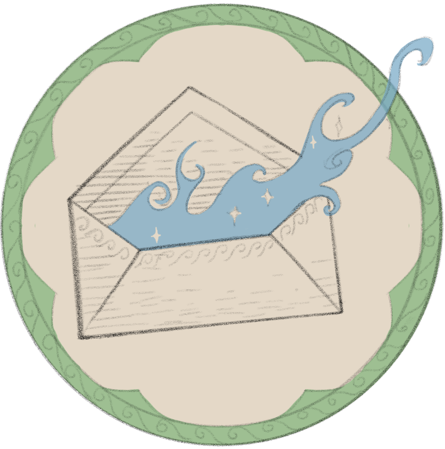 An open box with swirling blue water and sparkles coming out of it, set inside a decorative circular frame with a green border.