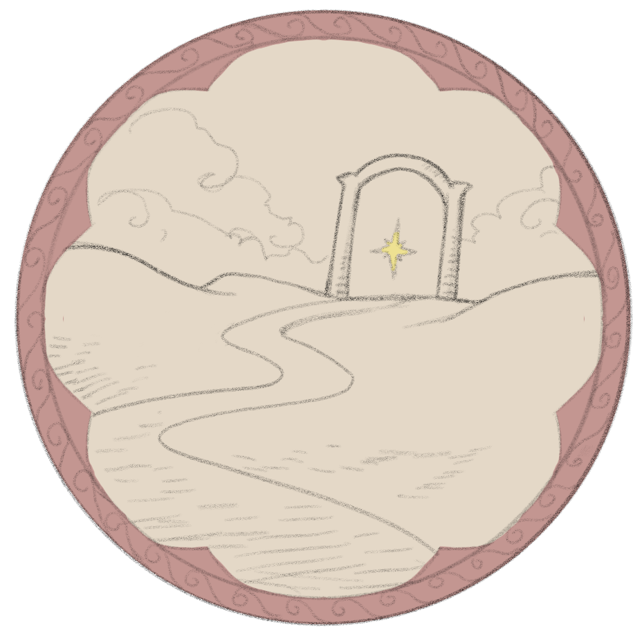 A circular illustration showing a winding path leading to a grand archway with a shining star symbol, set against a cloudy sky and rolling hills, bordered by a pink patterned edge.