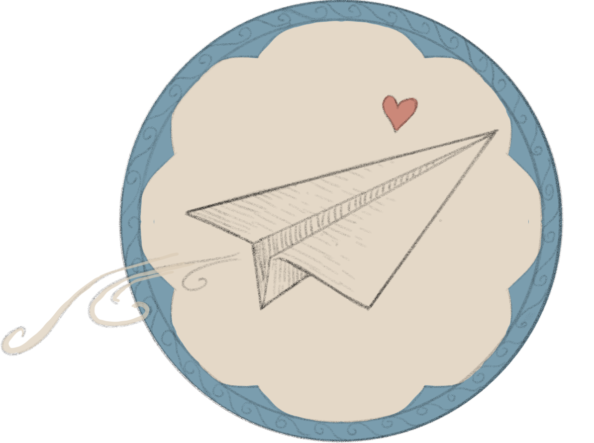 Hand-drawn paper airplane flying inside a circular frame with a blue border, pink heart, and beige background.