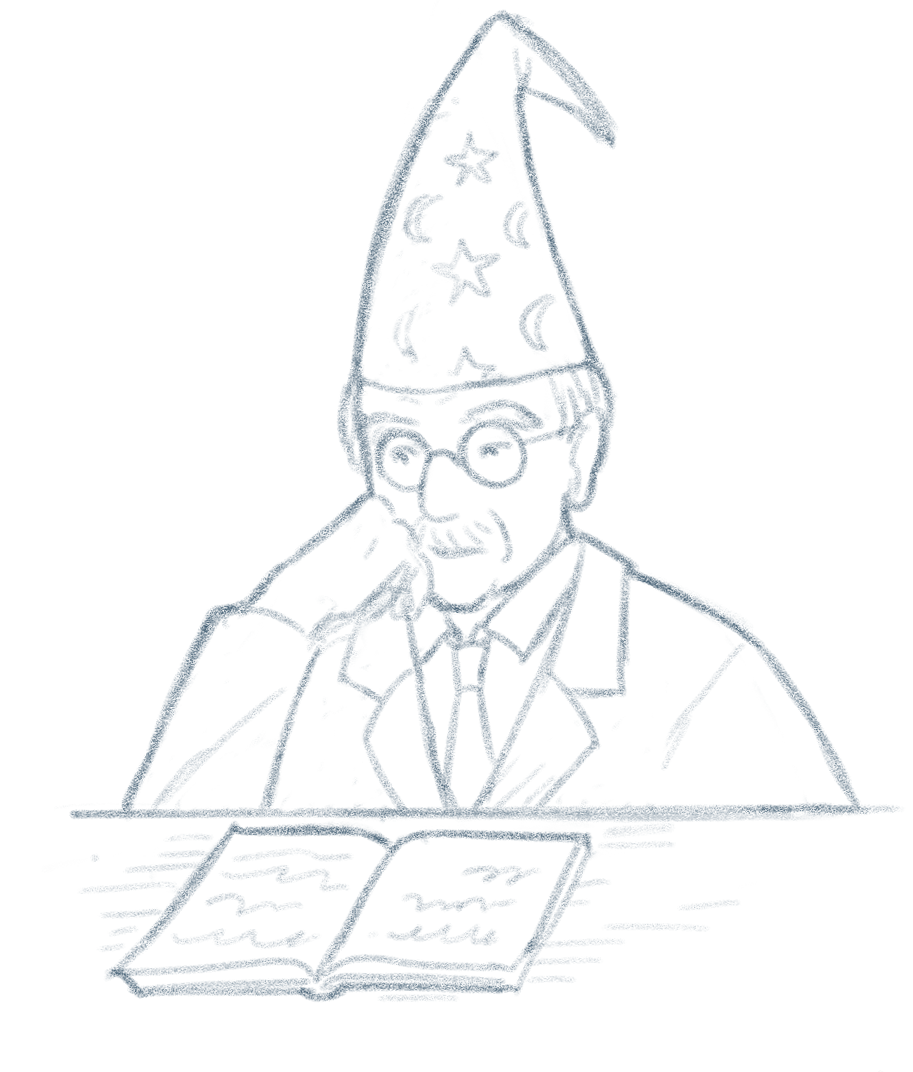Line drawing of a man wearing a wizard hat with moons and stars, sitting at a desk with an open book.