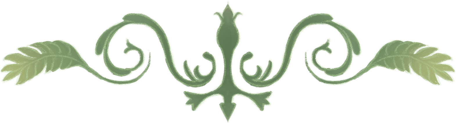 Decorative green floral design with symmetrical swirling lines and leaf motifs.