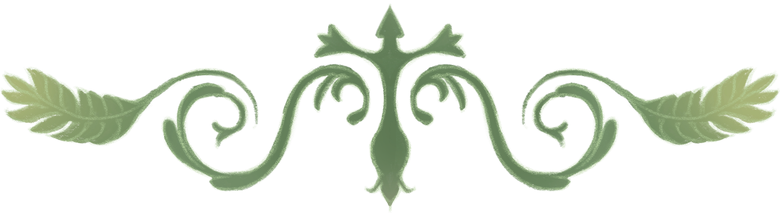 Decorative green ornate scrollwork with leaf motifs and symmetrical swirling design.