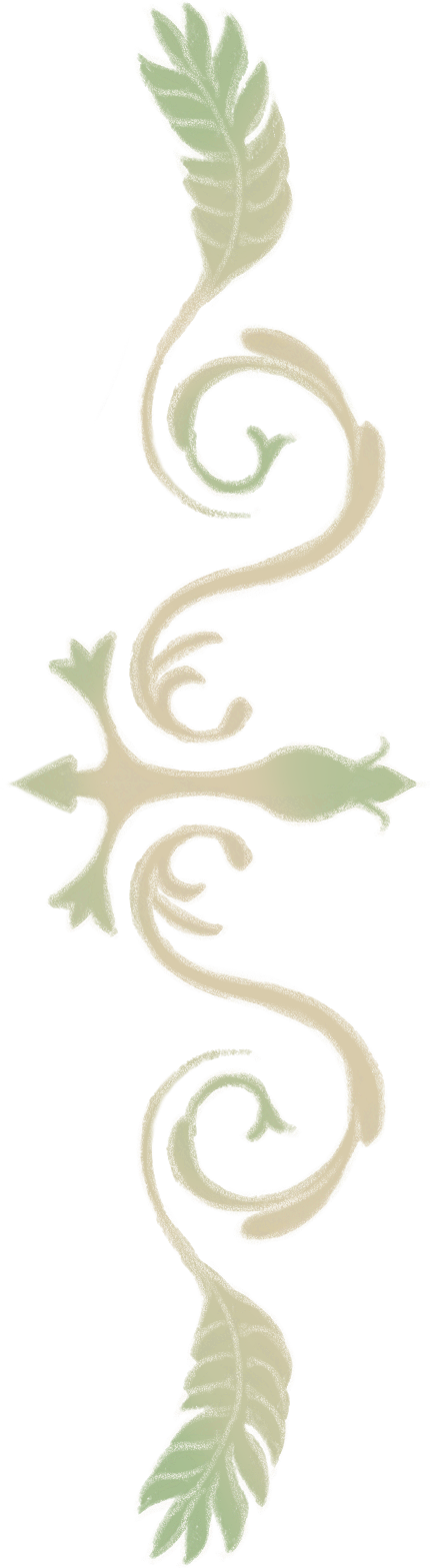 A decorative, vertically oriented design with swirling, leaf-like elements in soft green and beige colors.