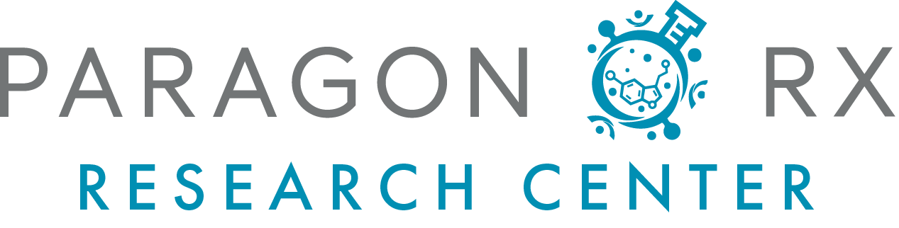 Logo of Paragon RX Research Center, with stylized molecular structure icon in blue between the words 'PARAGON' and 'RX'.