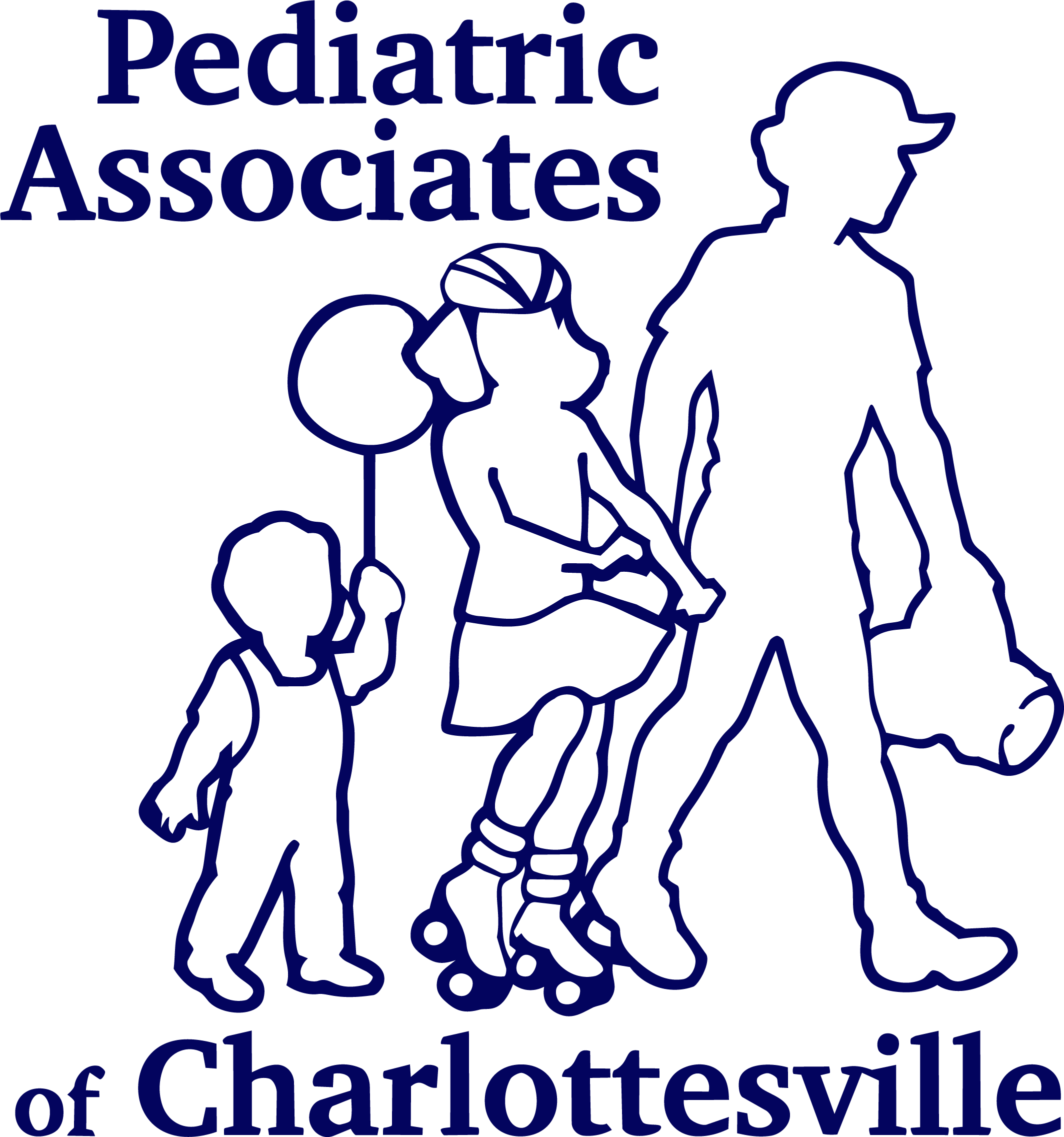 Outline of a person with a cowboy hat and a child wearing glasses, with large text 'Pediatric Associates' and a background mentioning Charlotteville.