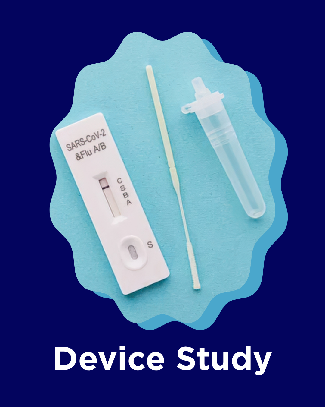 COVID-19 rapid test kit, an swab, and a test tube on a blue background with the text 'Device Study'