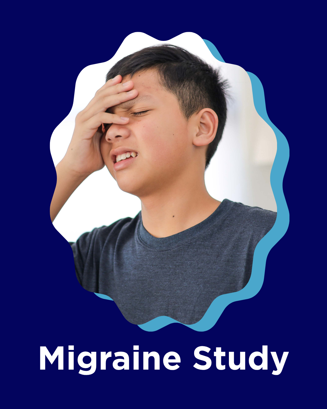 A young boy with dark hair and a gray T-shirt holding his forehead with a pained expression, indicating a headache or discomfort, with the text 'Migraine Study' at the bottom.