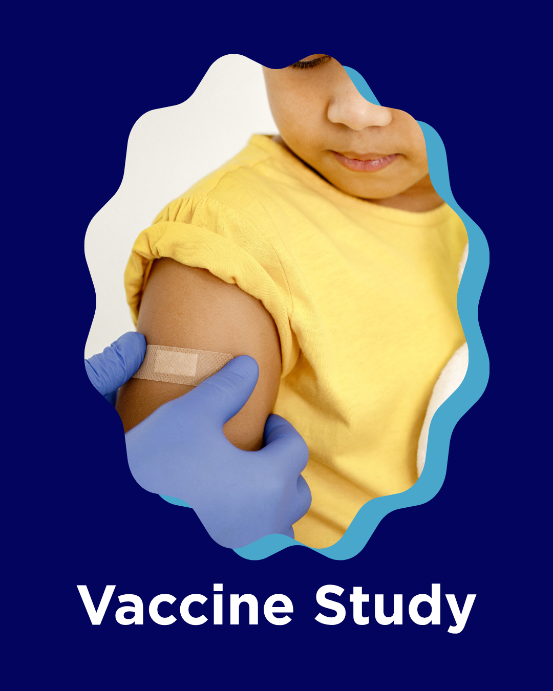A child receiving a vaccination shot in their upper arm from a healthcare worker wearing blue gloves, with the text 'Vaccine Study' below.