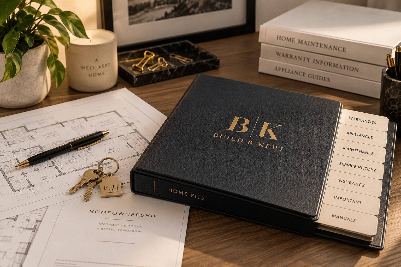 Build & Kept home management binder with homeowner binder with homeowner documents, house keys, and renovation plans.