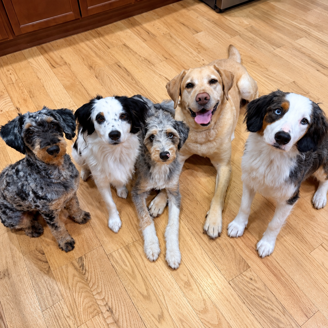 Five dogs sitting on a hardwood floor, looking at the camera.