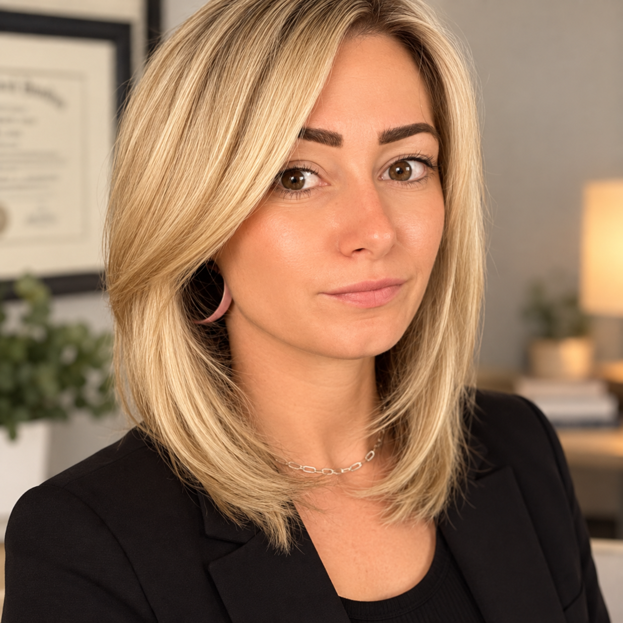 Professional woman with blonde hair, wearing a black blazer and jewelry, in an office setting.