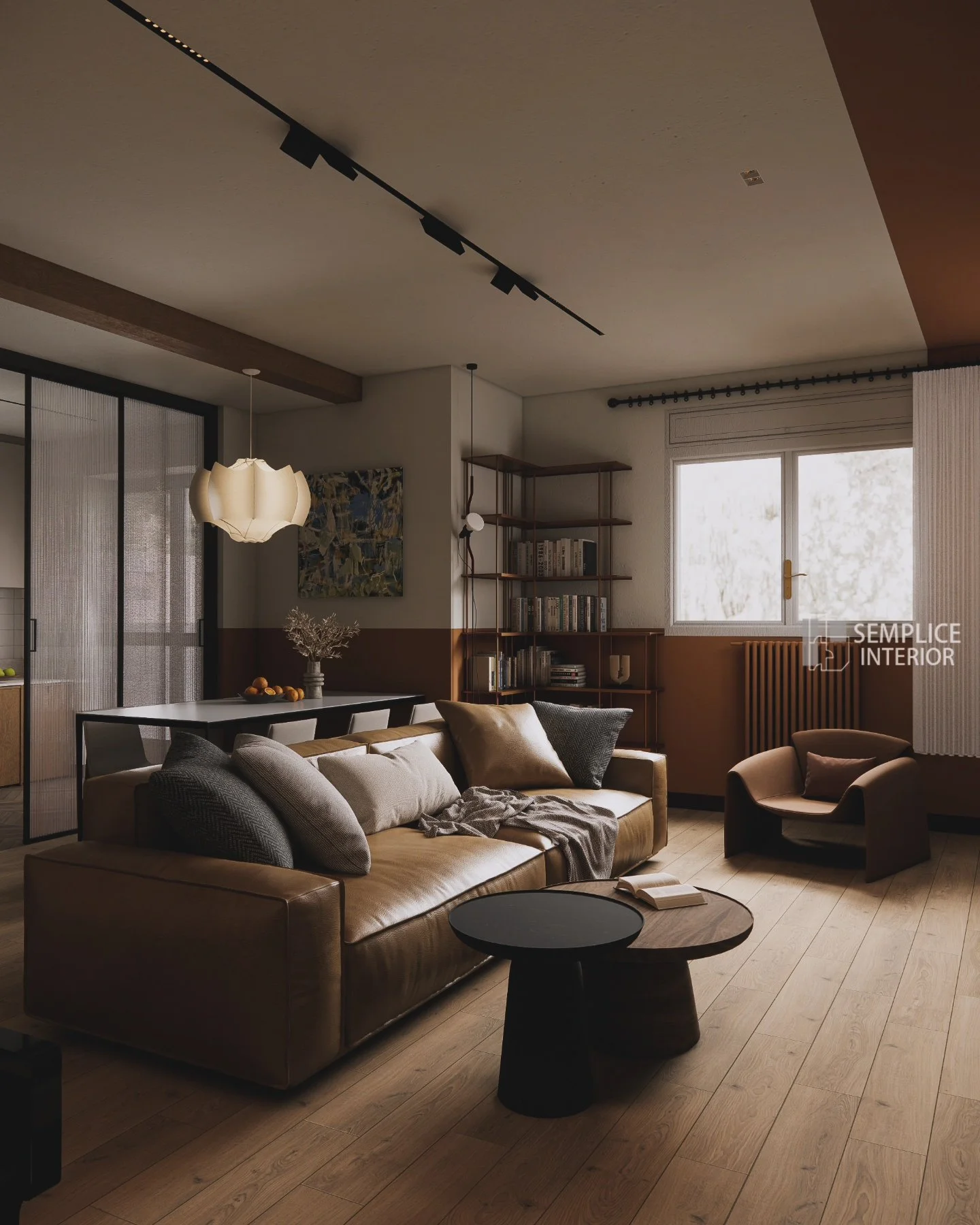 Living room with beige leather sofa, black and wooden coffee table, armchair, bookshelf, window with curtains, and modern lighting.