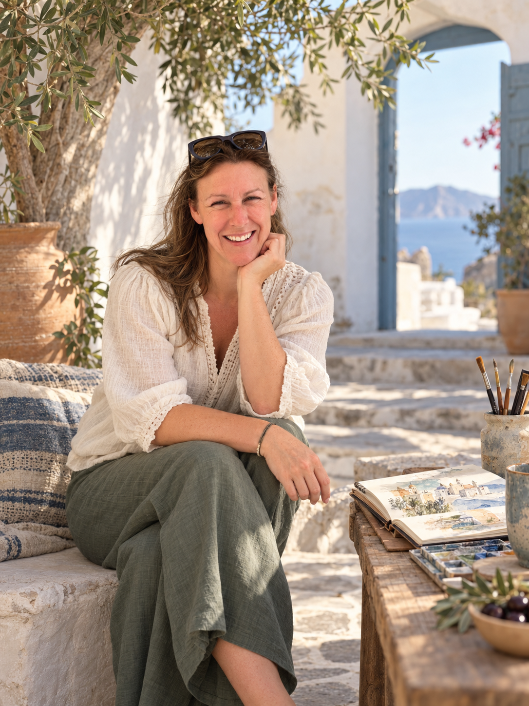 Woman smiling outdoors, sitting on a stone ledge with painting supplies, in a Mediterranean setting with a view of the sea and mountains in the background.