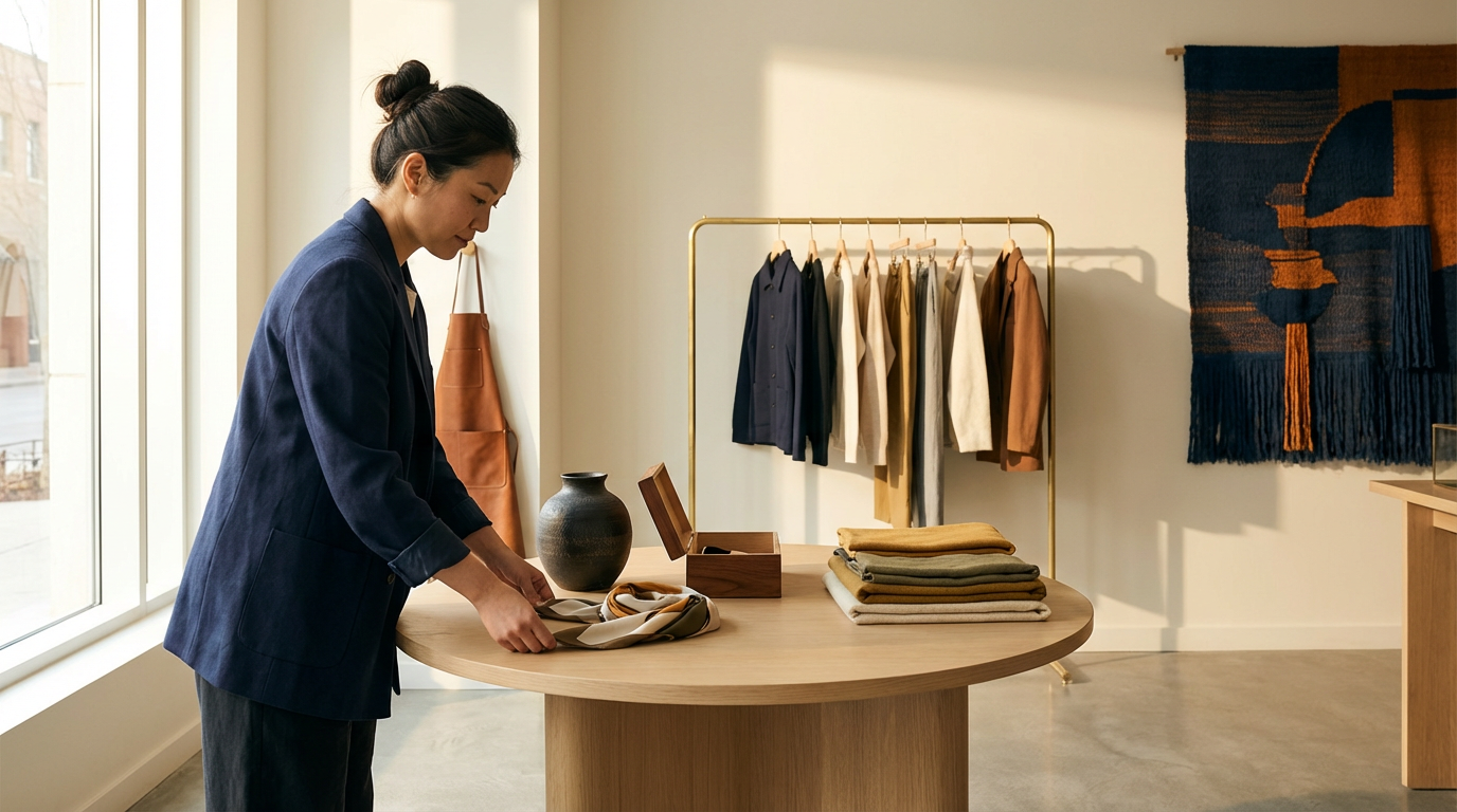 A woman arranges fabric or clothing on a round wooden table inside a well-lit retail store, with a clothing rack and a textile wall hanging in the background.