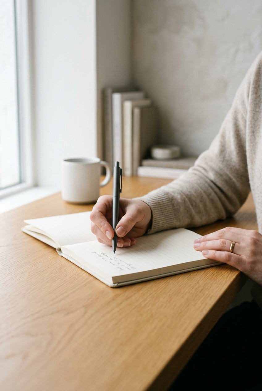 Person writing in a notebook at a wooden desk with a white mug and books in the background.